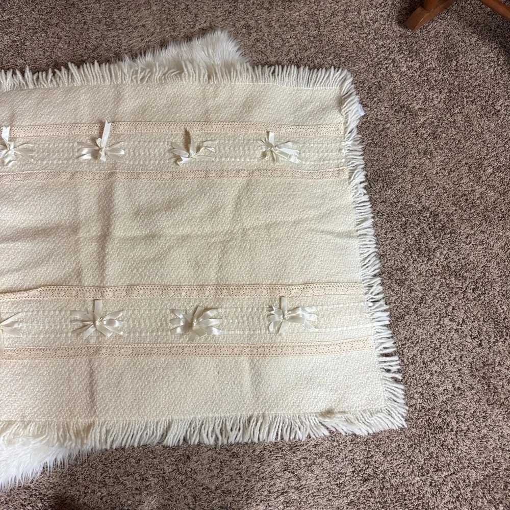 Irish baby blanket by Branigan Weavers Cream color with lace and satin bows